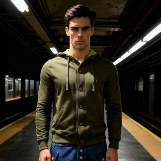 Felpa con cappuccio a contrasto e chiusura a bottoni